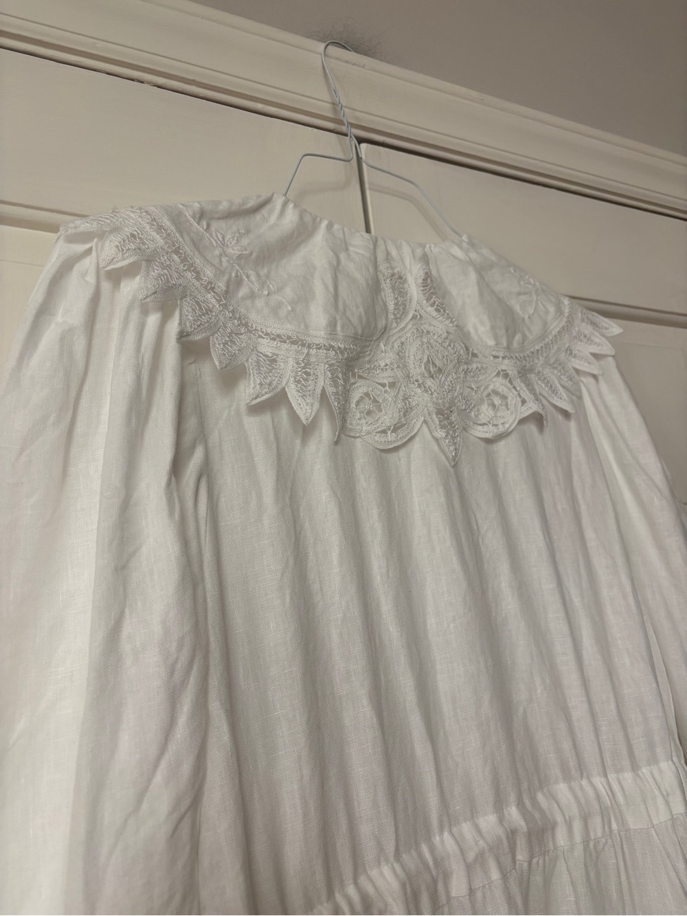 ULLA JOHNSON Fiona Midi Dress Bone White 100% Linen Size 8 Crochet Collar Tie - Picture 15 of 16